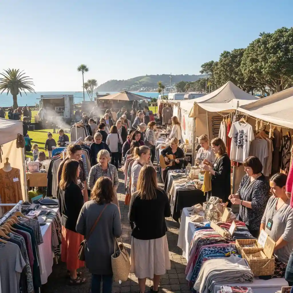 People browsing clothing at a sustainable artisan market NZ