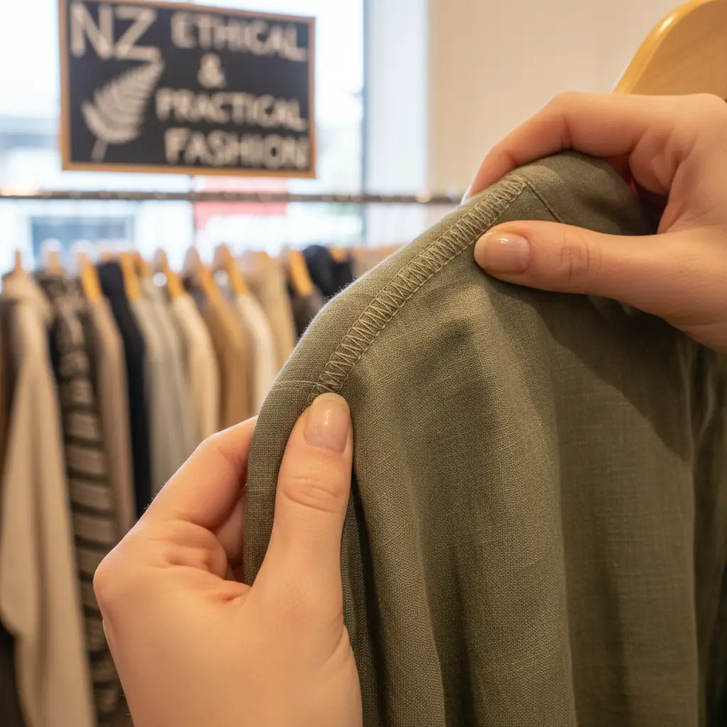 Inspecting second hand fashion NZ garment for quality