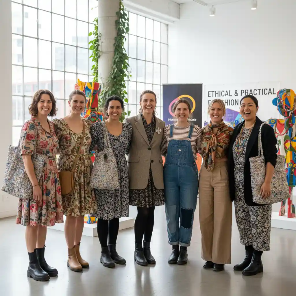 Happy New Zealand women showing off second hand fashion outfits
