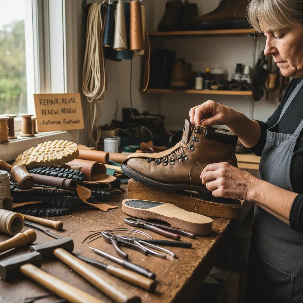 Cobbler repairing a leather boot on a workbench
