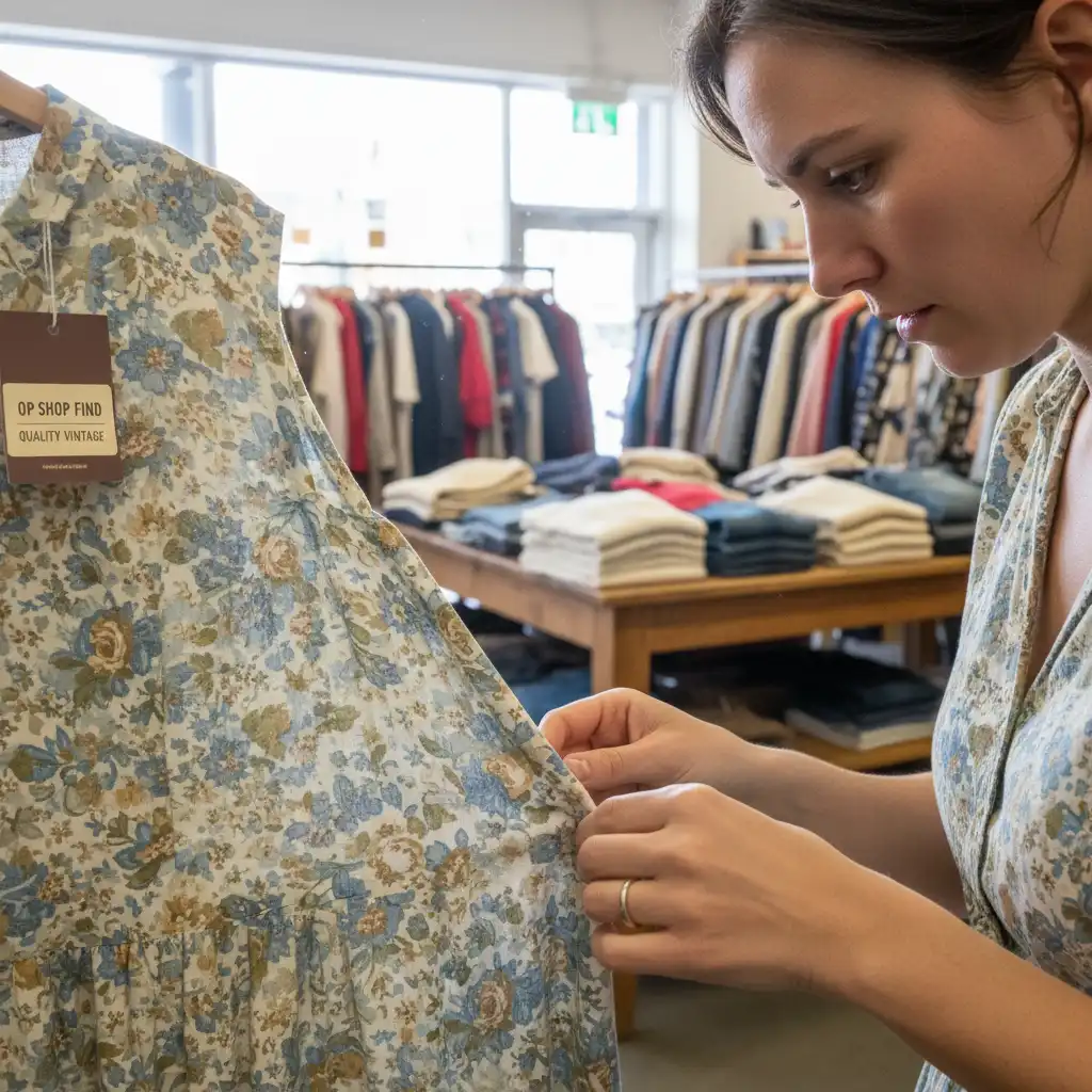 Person inspecting a second hand garment for quality