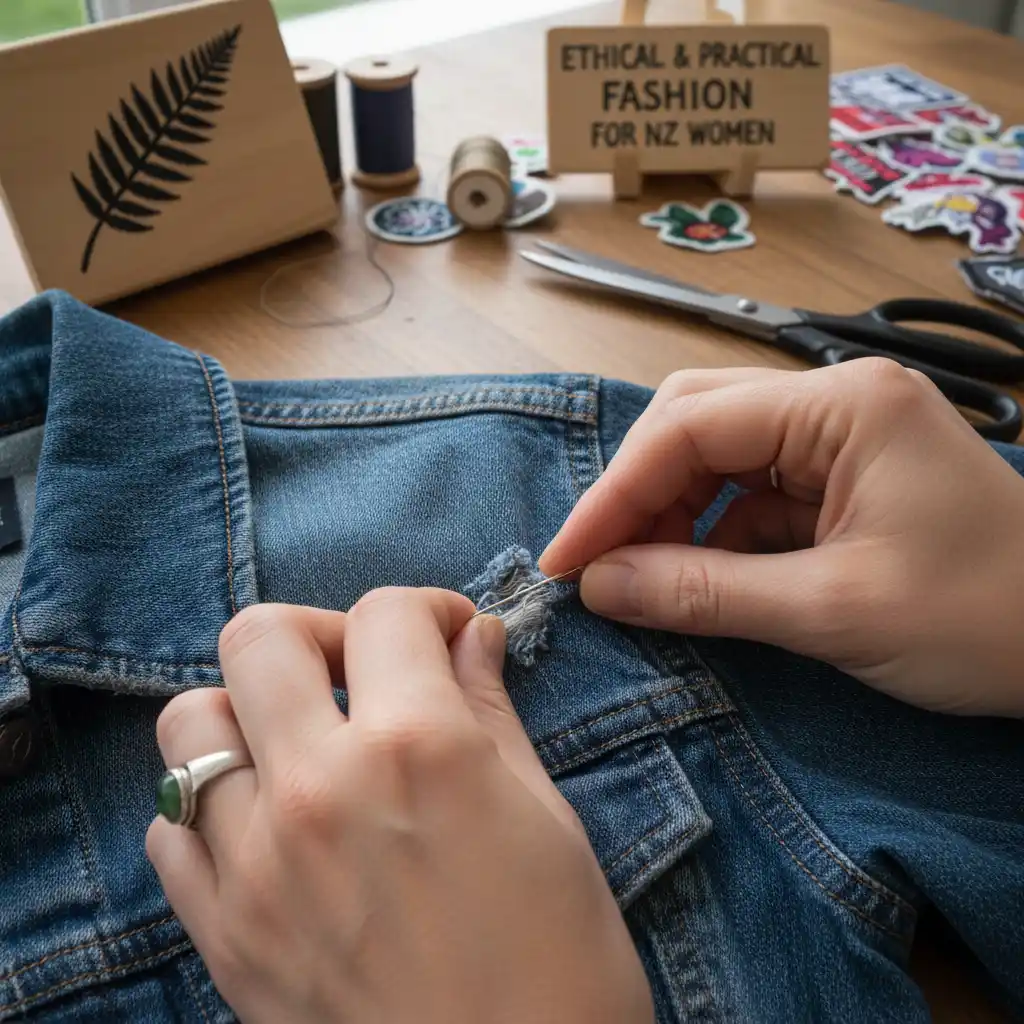Mending a tear in a second hand denim jacket
