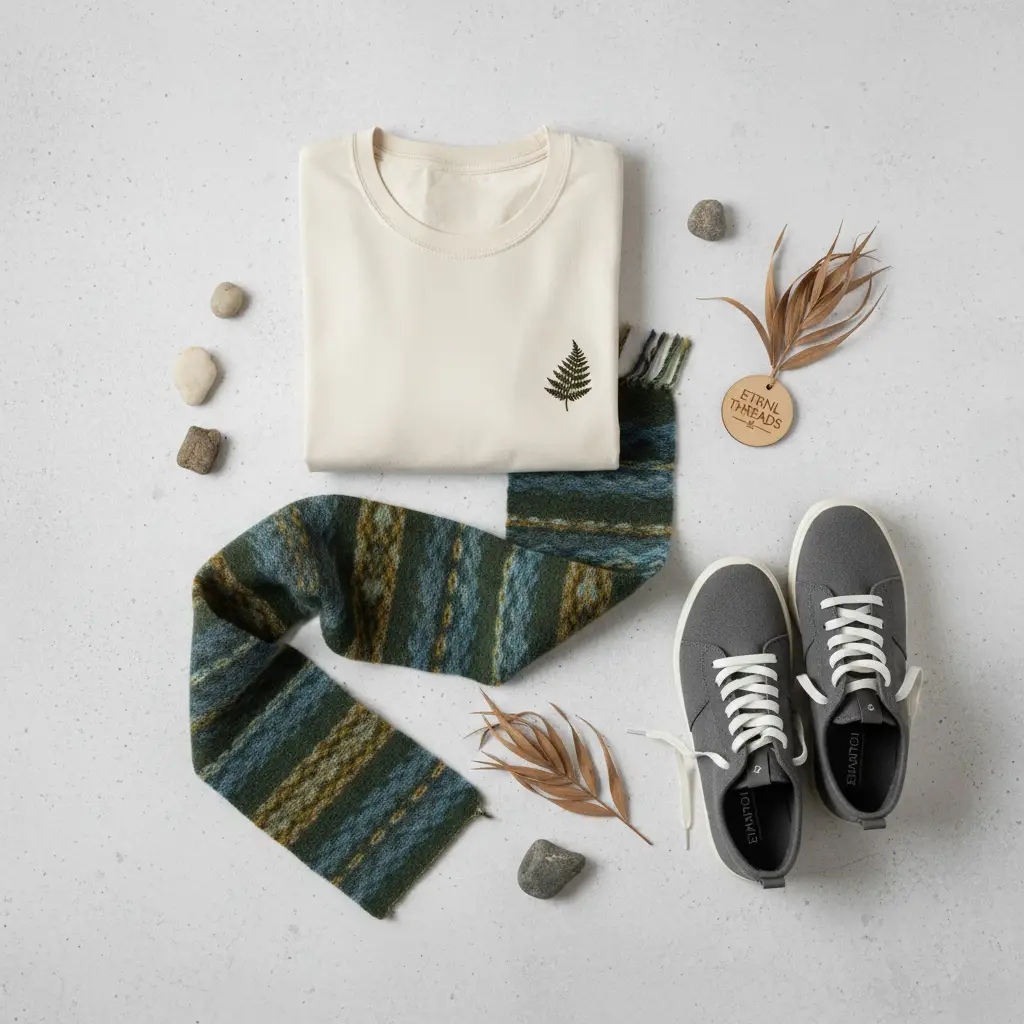 Ethical fashion flat lay with organic cotton and fair trade items