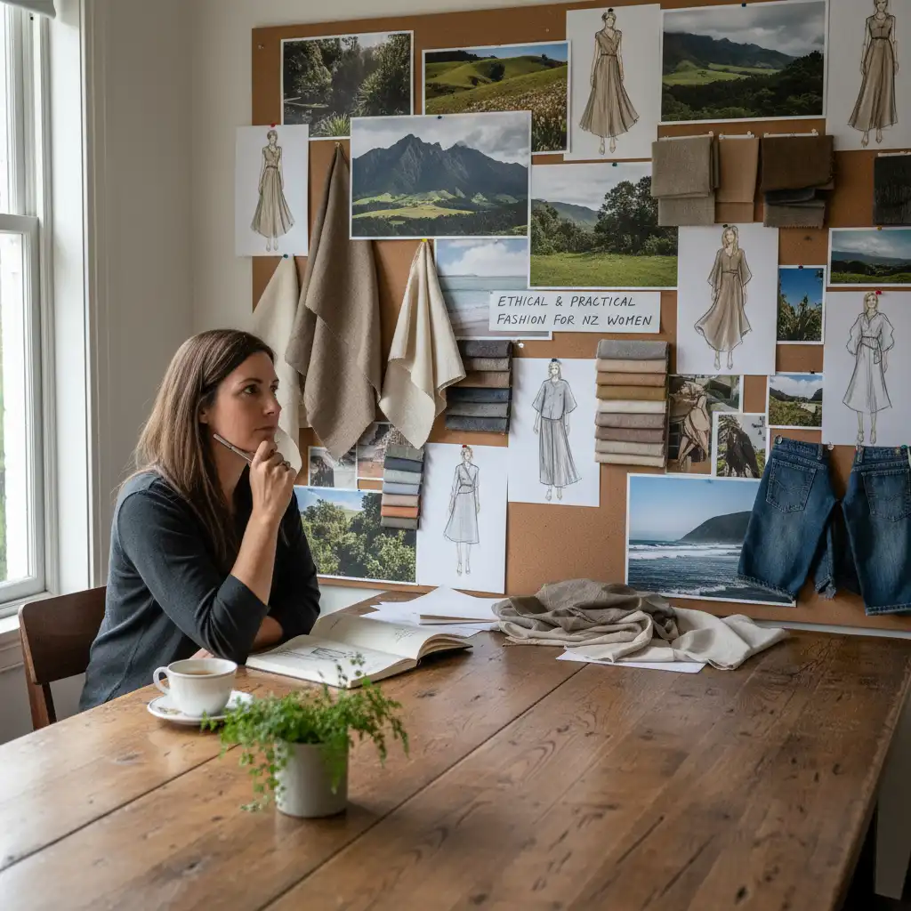 Woman reflecting on her style with a mood board to develop personal style NZ