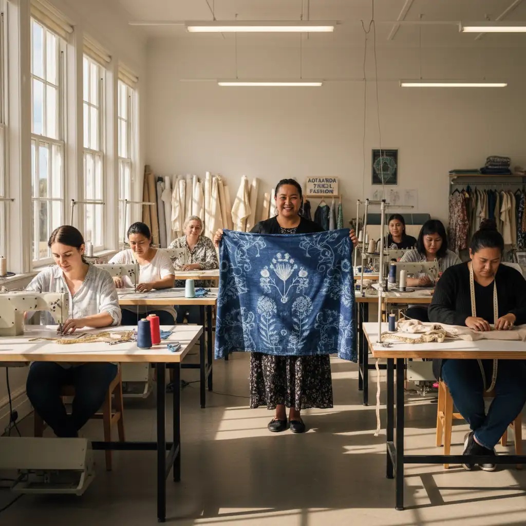 Artisans working on fair trade fashion in a ethical factory