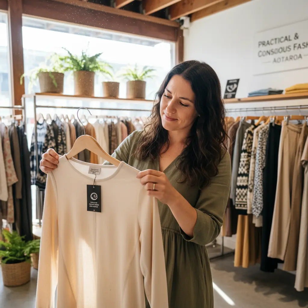 Woman examining fair trade clothing label