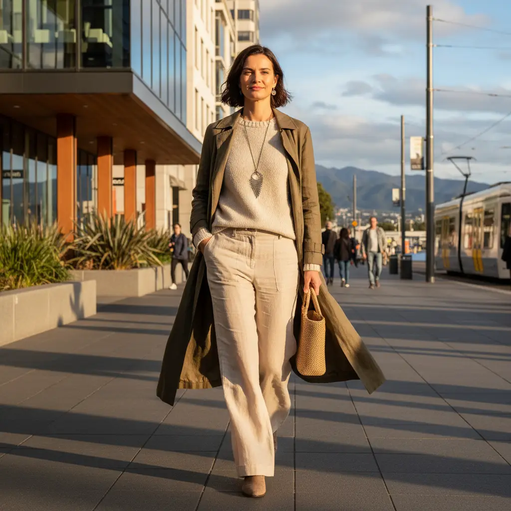 Stylish woman wearing ethical fair trade fashion in New Zealand