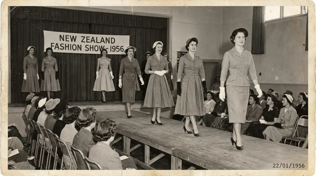 Mid-century New Zealand fashion show, local NZ designers
