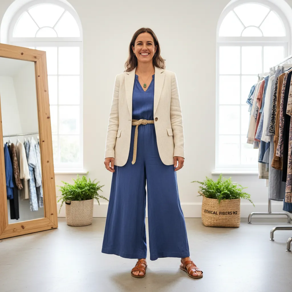 Woman experimenting with ethical fashion aesthetics in New Zealand