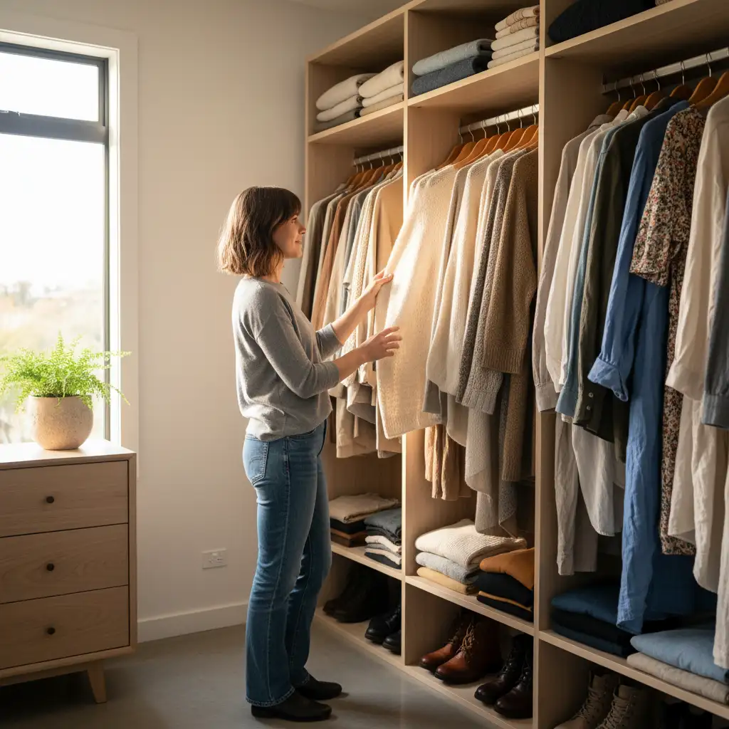 New Zealand woman reflecting on her wardrobe to find personal style nz
