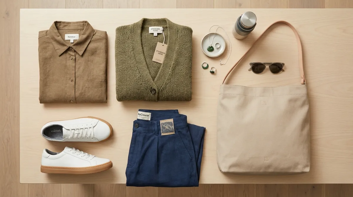 Curated flat lay of sustainable New Zealand fashion items reflecting personal style