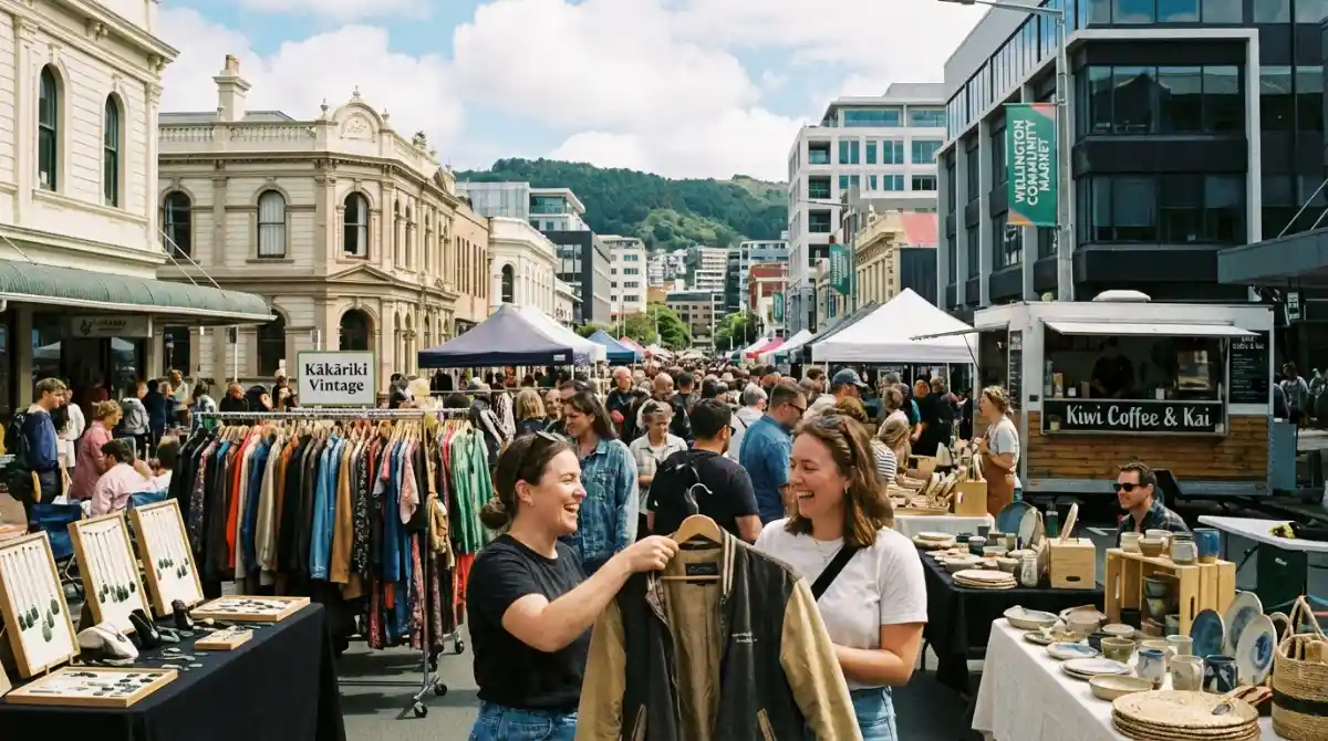 People shopping for unique finds at a bustling New Zealand market for affordable fashion
