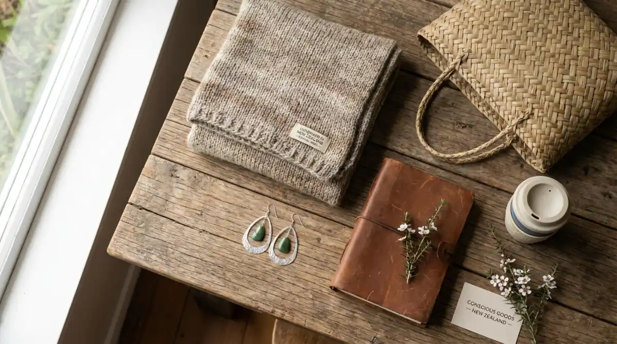 Flat lay of ethical accessories and a versatile garment, reflecting smart and affordable fashion choices in NZ