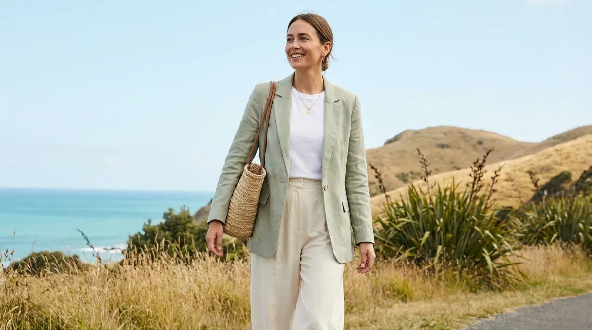 Woman demonstrating light layering in New Zealand spring fashion