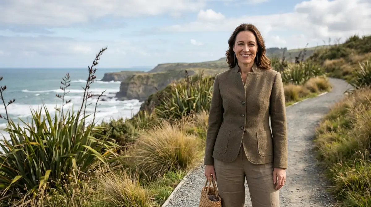 Stylish woman embodying New Zealand fashion on a scenic coast